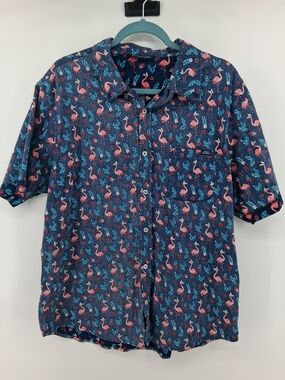 Simply Southern Navy Short-Sleeve Button-Down with Pink Flamingo Print